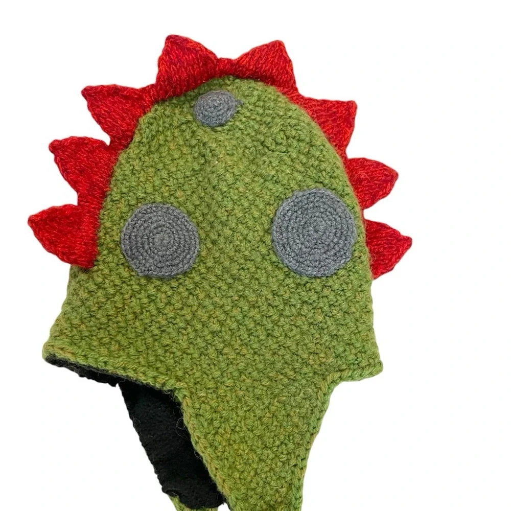 Andes Gifts Kids Green Dinosaur Beanie Alpaca Blend Animal Knit Winter Hat Peru